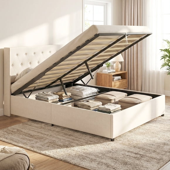 Gymax Queen Size Lift-up Storage Bed w/Tufted Wingback Headboard Hydraulic Lifts Beige