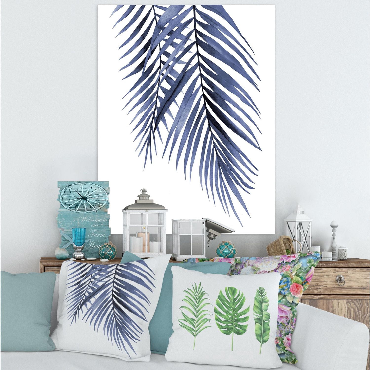 Designart Feuilles de palmier bleu Branches tropicales abstraites Art mural sur toile