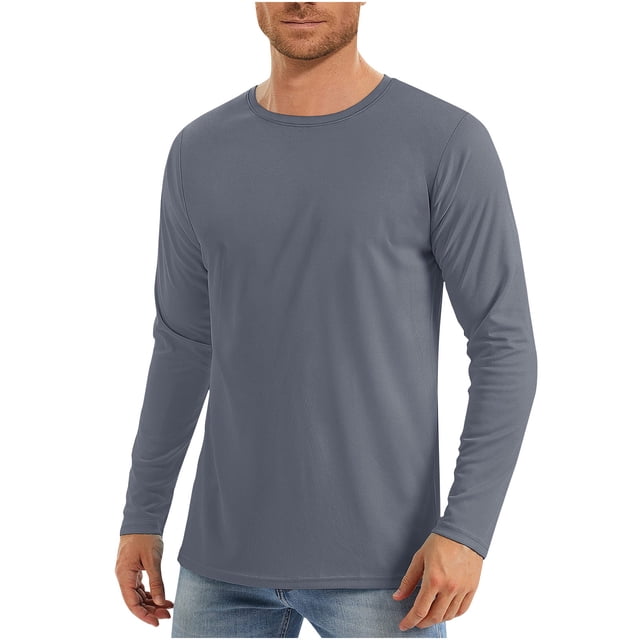 QIPOPIQ Mens UPF 50+ UV Sun Protection Shirt in dark gray, designed as a long sleeve rash guard with a crew neckline. Made from lightweight, breathable fabric with moisture-wicking and quick-drying properties, perfect for men's swimwear and outdoor activities like fishing, hiking, swimming, and running. The shirt offers UPF 50+ protection against harmful UV rays and features flat-lock seams for enhanced comfort.