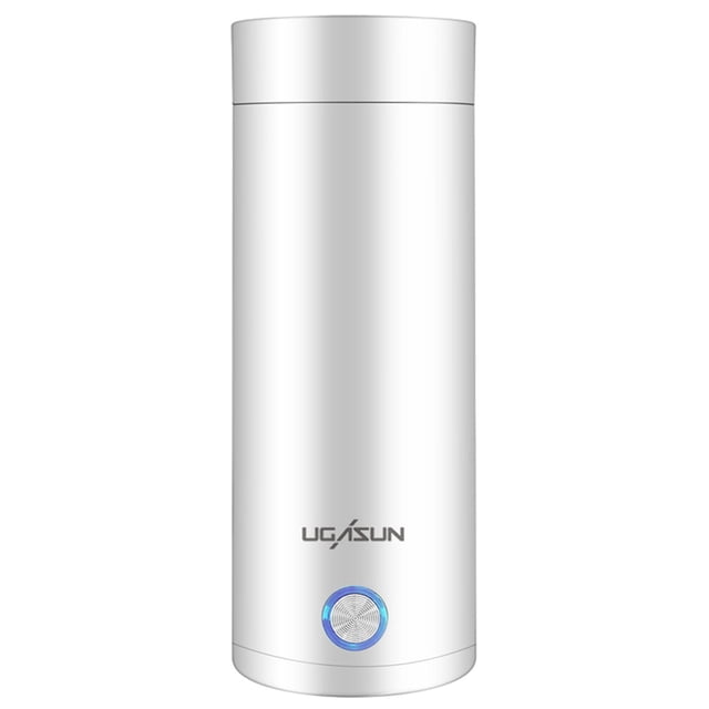 Travel Kettle Car Kettle Portable Electric Kettle, 3 in 1 Mini Car Kettle in a sleek white design. This compact electric kettle features a stainless steel inner liner, a one-button key switch, and a 400ml capacity. It measures 20.5x7.5x7.5cm and is designed for portability, fitting easily into car cup holders or travel bags. The kettle includes an upgraded leak-proof lid, double-layer heat insulation, and automatic shut-off for safety. Ideal for boiling water, making tea, coffee, or preparing baby formula while traveling.