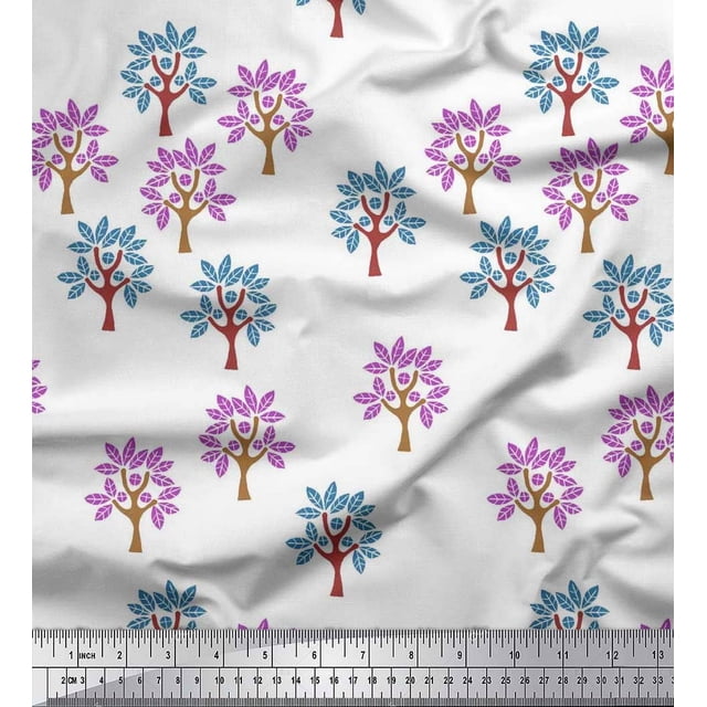 Soimoi Cotton Voile Fabric Tree Block Printed Fabric 1 Yard 56 Inch Wide
