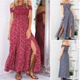 thumbnail image 2 of Women's Boho Off Shoulder Strapless Summer Beach Floral Slit Maxi Dress Red-XL, 2 of 5