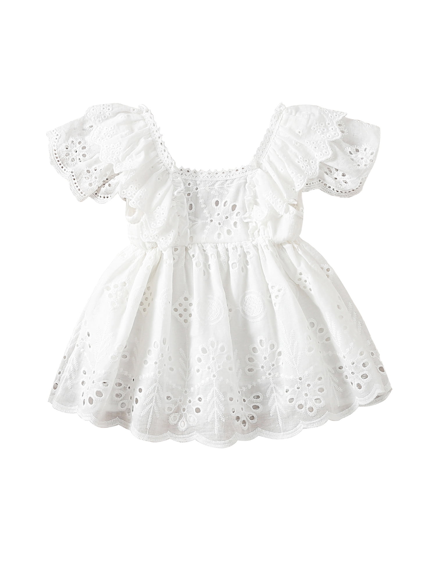 Faithtur Nouveau-Né Fille Robe à Manches Courtes, Couleur Unie Creux Volants Décor Robe Douce, Vêtements Simples Décontractés une Pièce