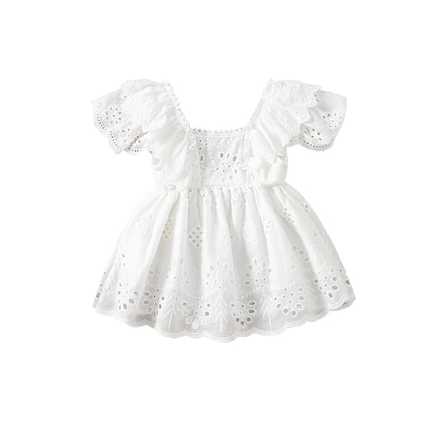 Faithtur Nouveau-Né Fille Robe à Manches Courtes, Couleur Unie Creux Volants Décor Robe Douce, Vêtements Simples Décontractés une Pièce