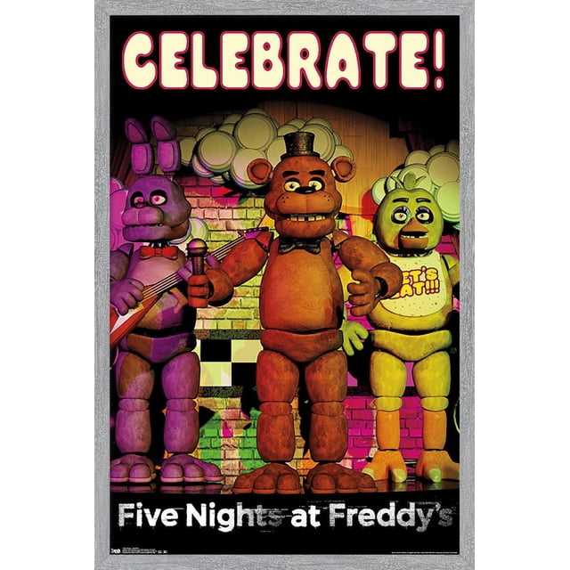 Five Nights at Freddy's - Affiche Murale « Celebrate », 22,375 Po x 34 Po Encadrée, Représentant Trois Personnages Animatroniques sur Scène avec un Mur de Briques et des Décorations de Ballons derrière, le Mot « Celebrate! » en Grandes Lettres Crème avec des Contours Rouges au-Dessus, Idéal pour la Déco de la Maison et les Contextes de Fête.