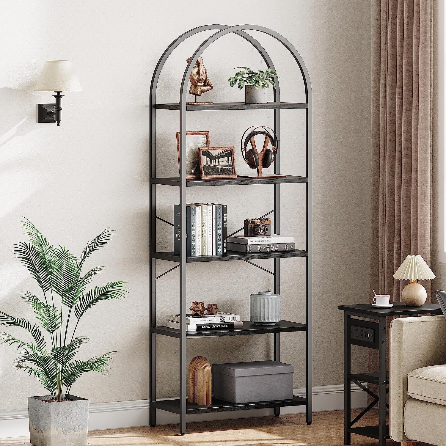 EastVita Bookshelf 5 Tier Bookcase Arched Display Racks Tall Standing Bookshelves Mental Frame Open Storage Rack Shelf Large Black Book Shelf