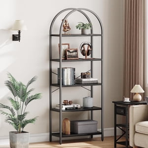EastVita Bibliothèque 5 Tier Bibliothèque Arched Display Racks Tall Standing Bookshelves Mental Frame Open Storage Rack Étagère Grand Black Book