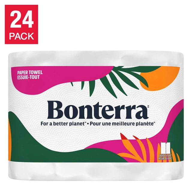 Bonterra Essuie-Tout 24 x 160 Feuilles, Comprenant 24 Rouleaux Méga de Papier 2 Épaisseurs, 100 % Recyclé avec Gaufrage « Waves » pour une Absorption Accrue. Chaque Rouleau Offre des Feuilles à Taille au Choix, Faites de Papier Certifié FSC d'Origine Responsable. Emballé dans un Emballage en Papier Sans Plastique et recyclable, Ce Produit Neutre en Carbone Procure un total de 3 840 Feuilles. l'Emballage Présente des Motifs Tropicaux Vibrants avec le logo Bonterra et des Messages Écologiques.
