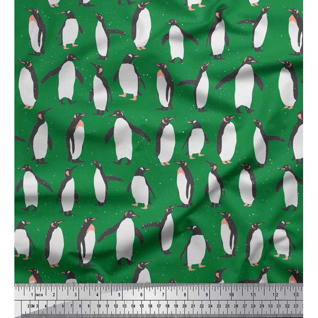 Soimoi Green Poly Georgette Fabric Penguin Ocean Print Fabric by Yard 52 Inch Wide