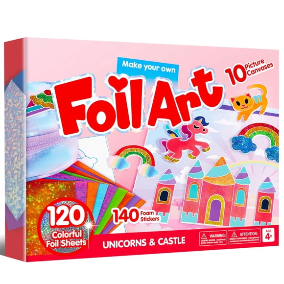 Joyfy Foil Art and Craft Kit for Kids - Mess Free Coloring, 10 Piece Unicorn and Princess Canvases,120 Colorful Foil Sheets, 140+ Foam Stickers, Creative Toys Gifts for Boys & Girls 4 5 6 7 8 9 10