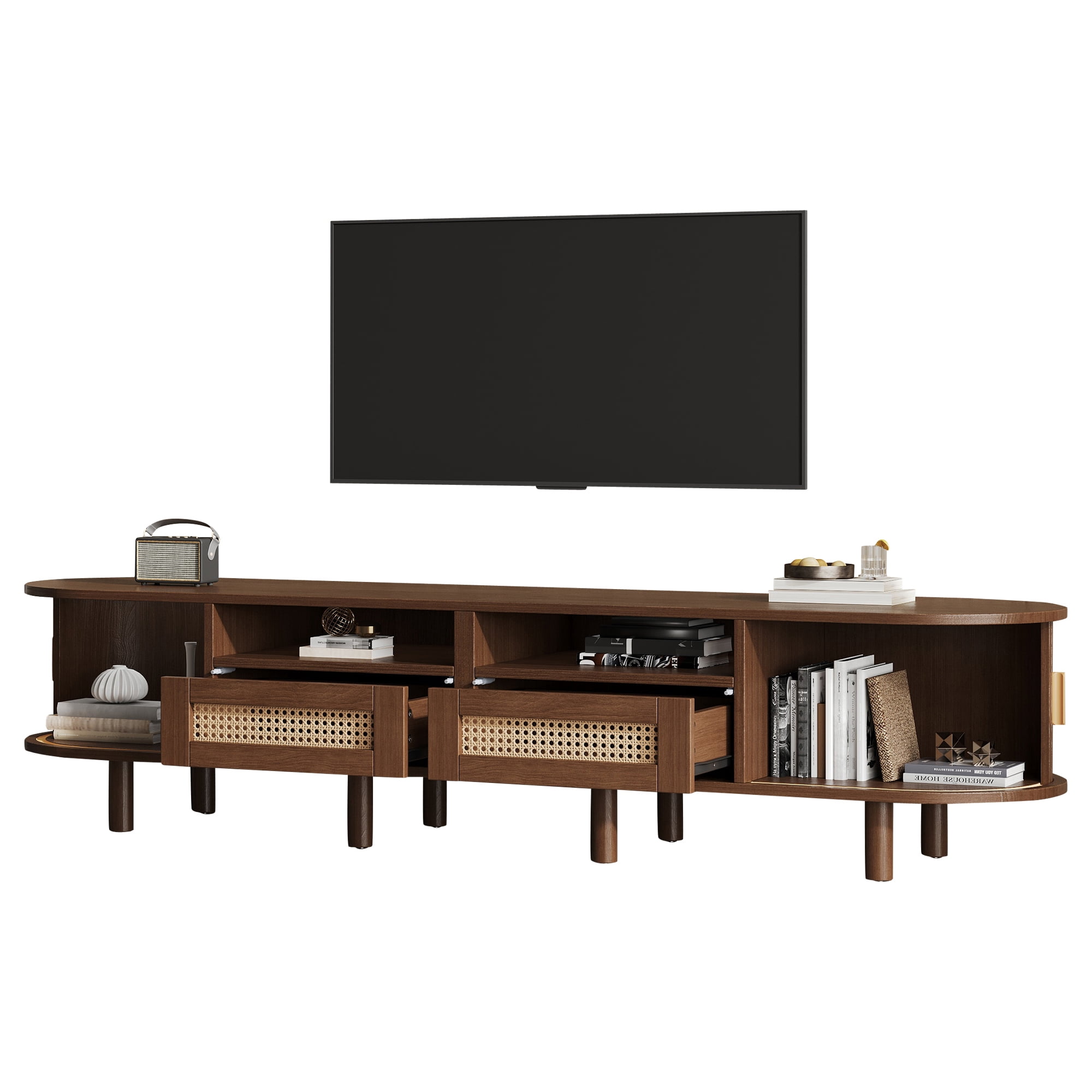 Meuble TV maison Noble 64.9" avec 2 tiroirs en rotin et 2 portes coulissantes, buffet ovale arrondi pour TV 65", noyer