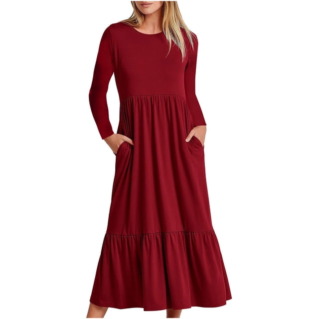 Yuyuzo Robes d'Automne pour Femmes à Manches Longues, Col Ras du Cou, Froncées, à Volants, Fluides, Confortables, Basiques, Robe Maxi, Couleur Unie