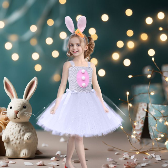 TIMIFIS Robes de Princesse de Pâques pour Filles Robe pour Tout-Petits Filles Robe de Pâques une Pièce Sans Manches Robe de Vacances Lapin Tulles avec Bandeau pour 7 Ans