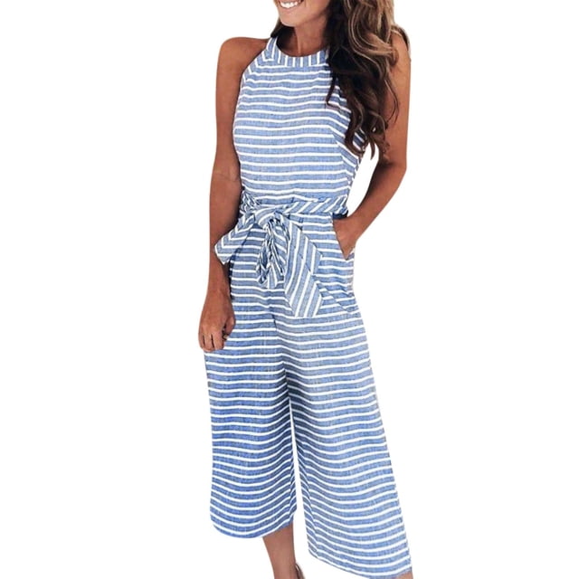 XZNGL Pantalon d'Été pour Femme Mode Pantalon d'Été Décontracté pour Femme à Rayures Imprimées Sans Manches Col Rond à Lacets Pantalon Droit Combinaison Pantalon d'Été pour Femme Pantalon Décontracté pour Femme