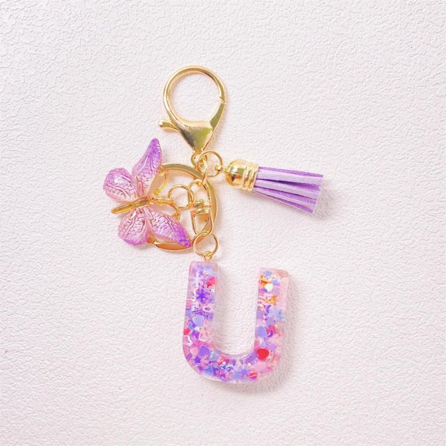 Feltree Initial Letter Keychains for Women Tassel Purple Cute Car Keychain for Wallet Backpack Bag