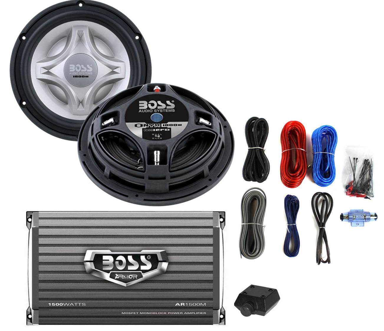 2) BOSS NX10FD 10" 2800W Shallow/Flat Subwoofers Subs+Mono Amplifier+8Ga Amp Kit