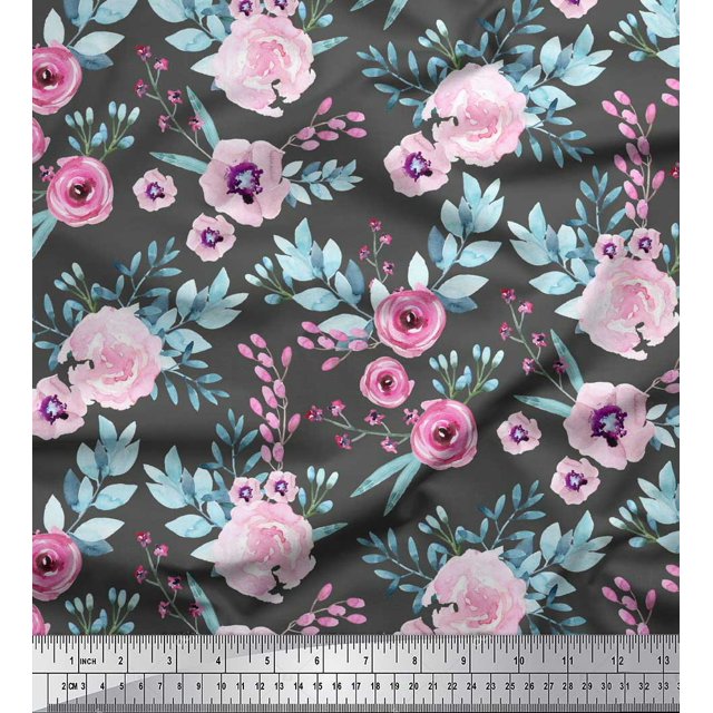 Soimoi Tissu en Voile de Coton Gris Anémone & Fleurs Roses Tissu Floral Imprimé au Mètre 42 Pouces de Large