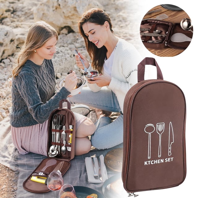 EGNMCR Camping & Hiking Outdoor Cookware Portable Storage Bag shown in a lifestyle setting with two individuals enjoying a picnic. The brown storage bag features a compact design with a top handle and an organized interior, including compartments for utensils, knives, and other kitchenware. The bag is displayed open, revealing neatly arranged tableware and mesh pockets for secure storage. Ideal for camping, picnics, and outdoor activities.