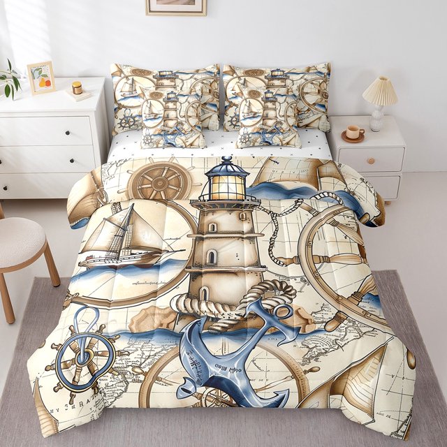 Lighthouse 7 Piece Comforter Set Full Bed in a Bag,Vintage Ocean World Map Boat Anchor Bedding Sets Nautical Rope Knot Retro Steering Wheel Compass Sheet Set with Comforter