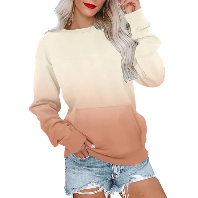 RKSTN Chandails pour Femmes Mode Automne 2023 Couleur Dégradée Chandail à Manches Longues Grande Taille Coupe Ample Col Rond Chandail Doux