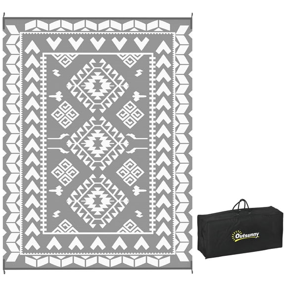 Outsunny 9' x 12' Reversible Outdoor Rug, Rhombus Patchwork, Grey, White