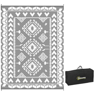 Outsunny 9' x 12' Reversible Outdoor Rug, Rhombus Patchwork, Grey, White