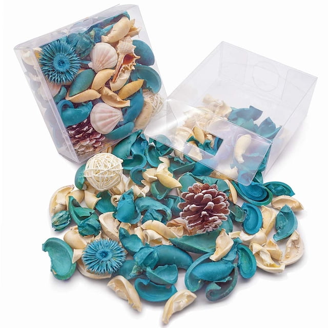Sea Shell Potpourri Bag, Fresh Ocean Scent Sea Shell Conch and Rattan Ball Sachets Decorative Spring Fragrance Bowl Filler and Vase Filler by DomeStar clear front-facing sachet filled with turquoise dried petals, white dried flowers, 100% hand-made natural rattan balls and assorted white shells including a small conch; visible rattan texture and dried petals, styled on a neutral tabletop for use as a vase or bowl filler in living room or bedroom, often used as a decorative sachet or drawer fragrance pouch.