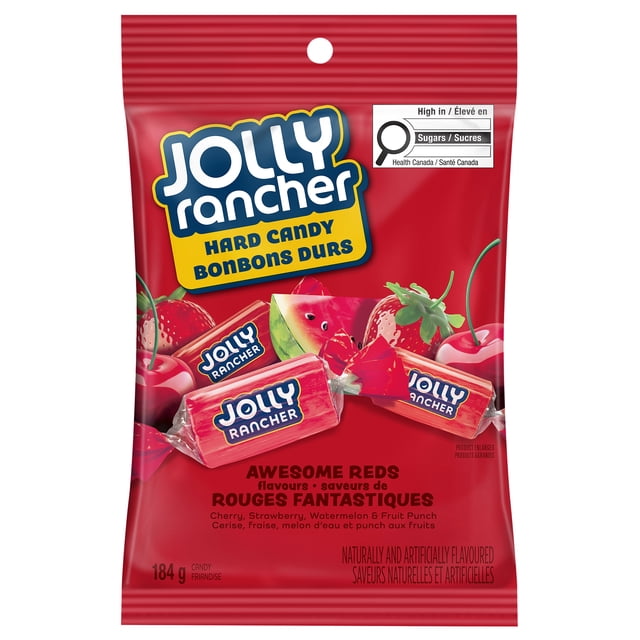 JOLLY RANCHER Awesome Reds Hard Candy 184g bag containing individually wrapped red hard candies in cherry, strawberry, watermelon, and fruit punch flavours, displayed on a red package with fruit images and a Health Canada high sugar label, suitable for enjoying as a sweet treat.