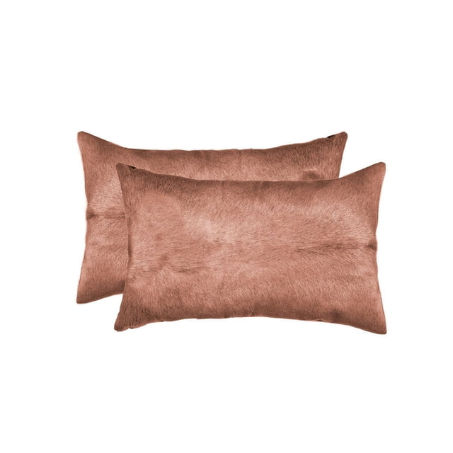 TORINO COWHIDE PILLOW 12"X20" 2-PACK with two rectangular pillows made from 100% natural Indian cowhide in warm brown, hand-stitched with hidden zipper closures and ultra-soft microsuede backing, ideal for layering in home décor and accenting sofas or beds.