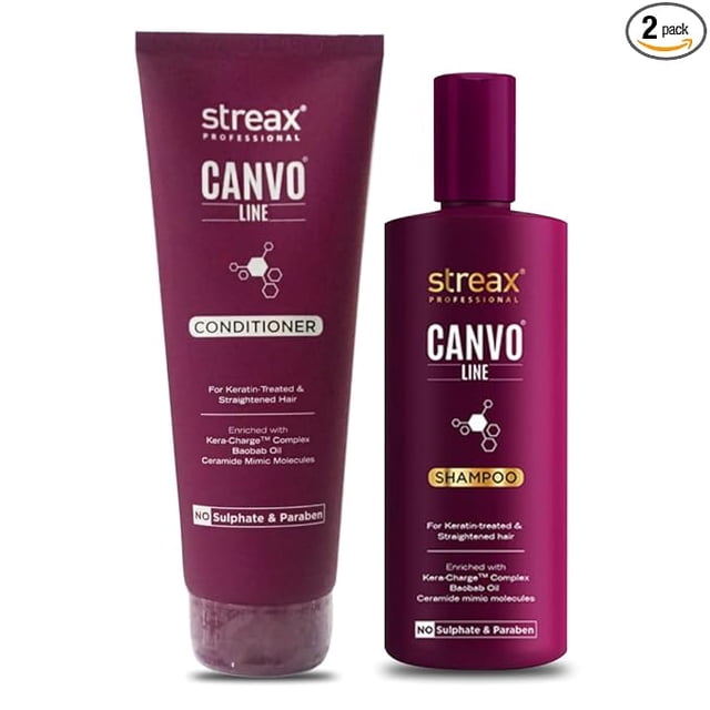 STREAX® PROFESSIONAL Canvoline Shampoo & Conditioner combo, featuring a 300ml shampoo and 240ml conditioner. Both products are designed for keratin-treated and chemically straightened hair, enriched with Kera-Charge™ Complex, Baobab oil, and ceramide mimic molecules. The sulphate and paraben-free formula helps retain smoothness, tensile strength, and moisture for long-lasting salon-straightened hair. The shampoo and conditioner are displayed in maroon packaging with clear product labels.
