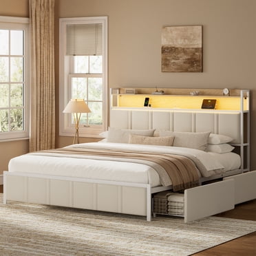 GUNAITO Cadre de Lit Très Grand avec Tête de Lit de Rangement, Cadre de Lit Plateforme Rembourré à 2 Tiroirs avec Éclairage DEL, Ports USB et Prises, Beige
