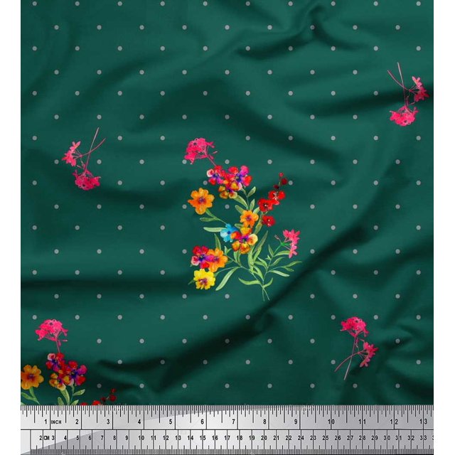 Soimoi Polyester Crepe Fabric Dot,Leaves & Periwinkle Floral Printed Fabric 1 Yard 42 Inch Wide