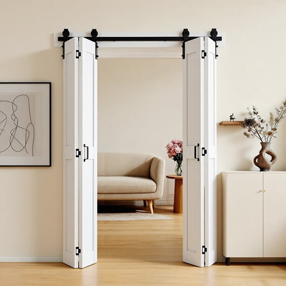 VEVOR Bifold Barn Door, 48" x 84", MDF Bi-Fold Sliding Closet Doors, Header Board and Hardware Kit Included, H-Frame Space-Saving Design, Pre-Assembled Panels, Waterproof & Quiet, White