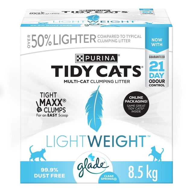 Tidy Cats LightWeight with Glade Clear Springs Multi-Cat, Cat Litter 8.5 kg box with white and blue packaging, featuring Purina branding, over 50% lighter weight than typical clumping litter, 99.9% dust free, tight Maxx clumps for easy scooping, and guaranteed 21-day odour control, ideal for multi-cat homes.