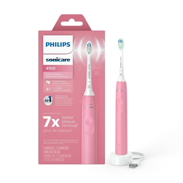Philips Sonicare 4100 rechargeable electric toothbrush in deep pink with slim ergonomic handle, pressure sensor, two intensity settings, and USB charging base, designed for up to 7x better plaque removal and gum protection.