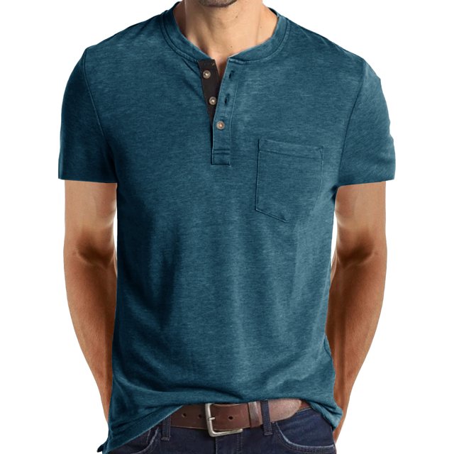 Innerwin Blouse Crew Neck Mens Summer Tops Work Henley Collar Regular Fit T Shirts Blue L