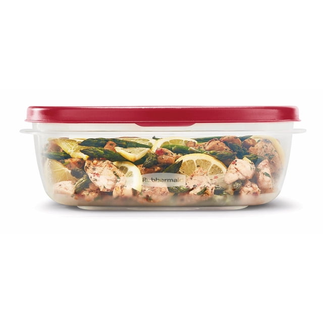 Rubbermaid Easy Find Lids Food Storage Container, 2.1 L, Racer Red, square clear BPA-free plastic container with a red snap-on lid, filled with cooked chicken, asparagus, and lemon slices, microwave, freezer, and dishwasher safe, suitable for meal prep and kitchen organization.