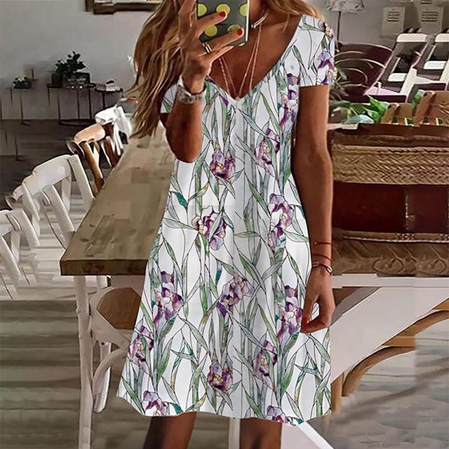 SMihono Robe d'Été pour Femmes Grande Taille Mode Décontractée Col en V Imprimé Ample Élastique Manches Courtes Jupe