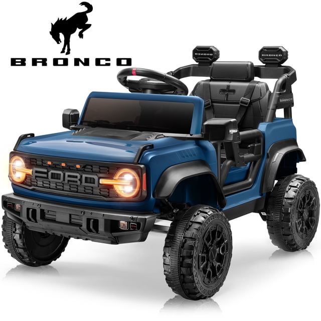 iYofe Ford Bronco Raptor Electric Ride on Toy Car for Toddler Kids in blue, featuring a 12V battery-powered design with remote control, Bluetooth, and bright headlights. Officially licensed by Ford, this ride-on car replicates the Bronco off-road truck with authentic pedals, a steering wheel, and a multimedia system. Designed for children aged 3-5, it includes durable all-terrain wheels, reinforced seat belts, and eco-friendly materials for safety. The car also offers a high-quality MP3 player, FM radio, and horn for an engaging driving experience.