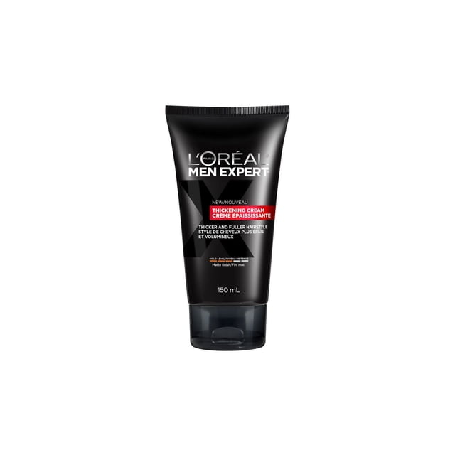 L'Oréal Paris Men Expert Thickening Cream, 150 ml black matte tube with flip-top cap, designed for medium hold and matte finish to create thicker, fuller hairstyles with natural texture and long-lasting definition, ideal for men's hair grooming.