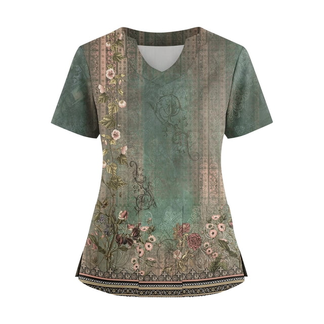 Ktyne Hauts de Sarrau pour Femmes Col en V Sarraus Médicaux Manches Courtes Extensibles Tenue de Travail Infirmière Mode Hauts de Sarrau avec Poches Vert Foncé L