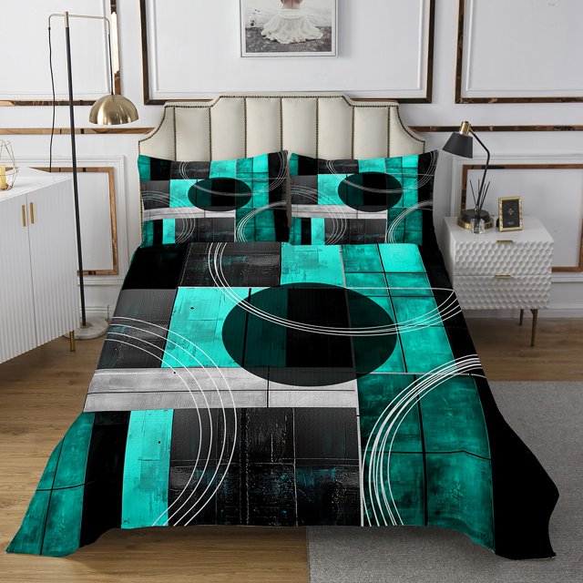Erosebridal Geometric Stripe Circle Coverlet Set Twin, Black Cyan Gray Bedding Set, Abstract Room Decoration 2pcs
