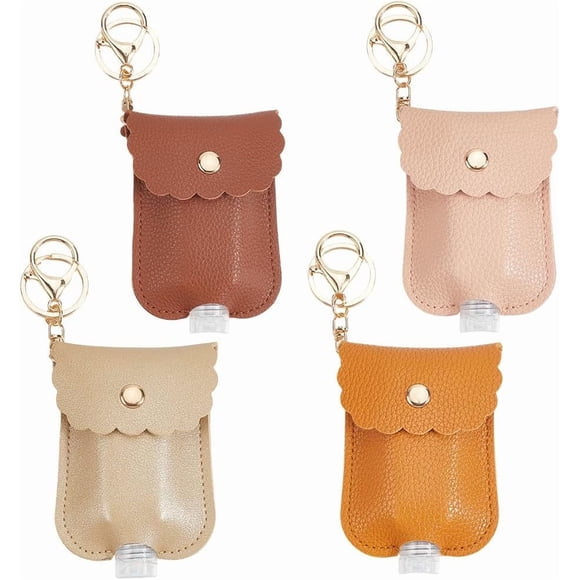 4 Colors Hand Sanitizer Holder Hand Sanitizer Case Keychain Bulk Pink Brown Yellow Small Portable Empty Bottle with Clip Leather Key Chain Holder for Women Purse Liquid Soap Shampoo Supplies