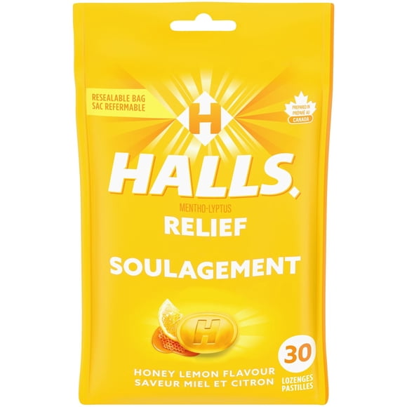 HALLS Honey Lemon Flavour Cough Drops, Throat Lozenges, Sore Throat Relief, Mentho-Lyptus