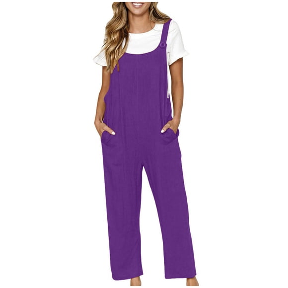 yoeyez Summer Jumpsuits for Women,Ladies Cotton Linen Fashion Baggy Playsuit Rompers Sleeveless Buttons Strap Trouser Overalls Jumpsuits With Pockets Purple,4XL