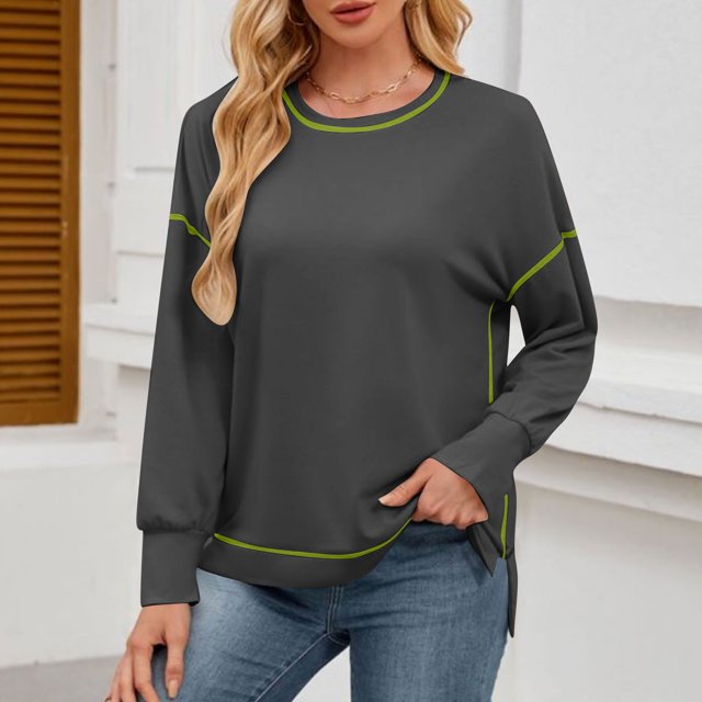 TACILIP Chandails à Col Rond pour Femmes, Hauts à Enfiler, Chemises à Manches Longues, Fente Latérale, Tenues Décontractées d'Hiver et d'Automne