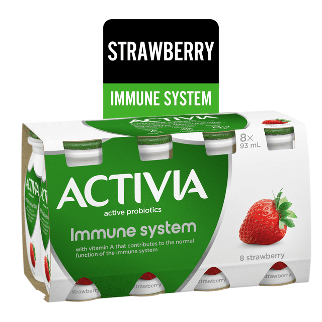 Activia Probiotic Yogurt Drink Strawberry Immune System 8x93 ml pack with active probiotics and vitamin A supporting normal immune function, featuring green and white packaging and a strawberry image, suitable for gut health and convenient on-the-go snack.