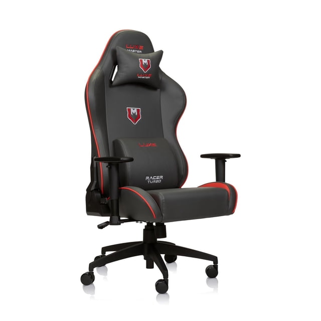 Luxe Racer Turbo Office, Desk & Gaming Chair in black with red piping, featuring a high back with racing cutouts, embroidered Luxe Master logos on the headrest pillow and lumbar support, adjustable 2D armrests, and a reinforced nylon five-star base with polyurethane casters for smooth, quiet movement.