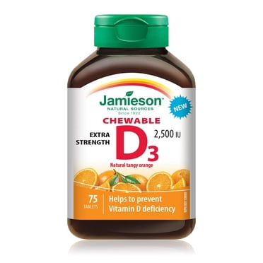 Jamieson Vitamin D3 Chewable Tablets, 2500 IU, Extra Strength, Orange, 75 Count