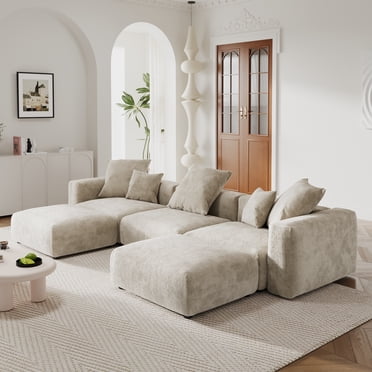 bokifol Canapé d'Angle Cloud 141 Po avec Méridienne en U, Canapé Modulaire Moderne avec Assise Profonde, Canapés Rembourrés pour Salon et Chambre, Beige